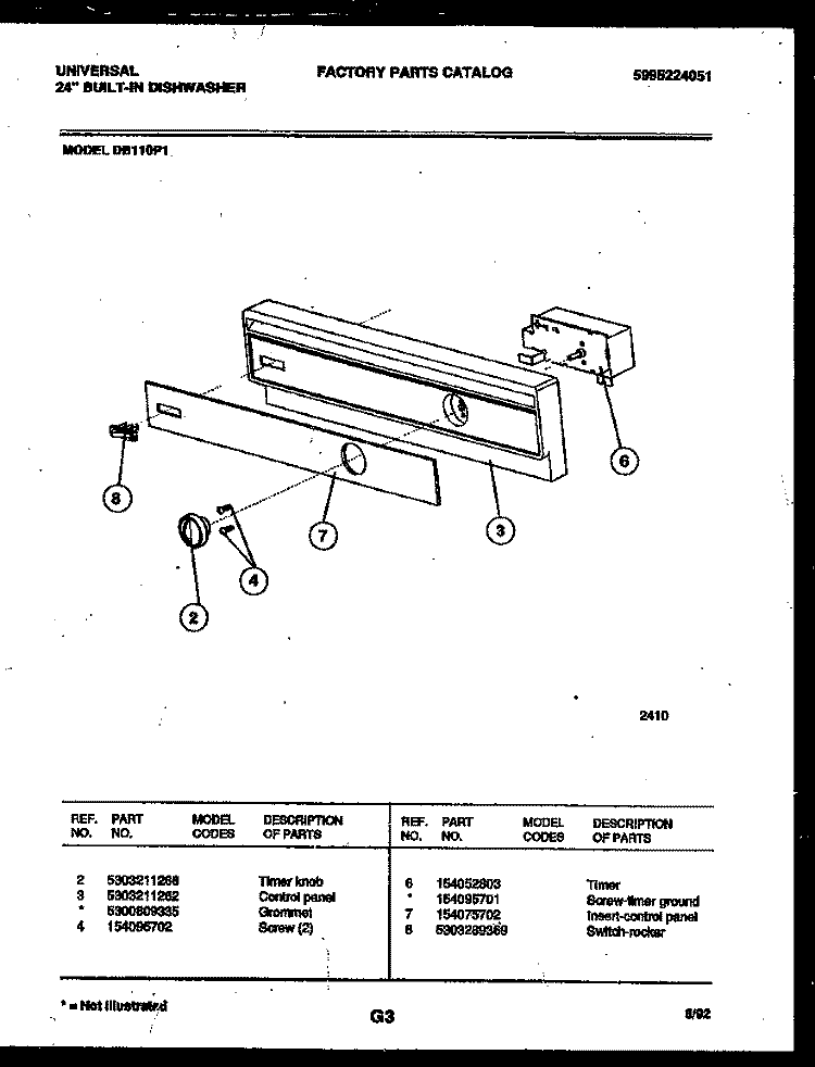 CONSOLE AND CONTROL PARTS Diagram and Parts List for DB110PW1  Frigidaire Dishwasher