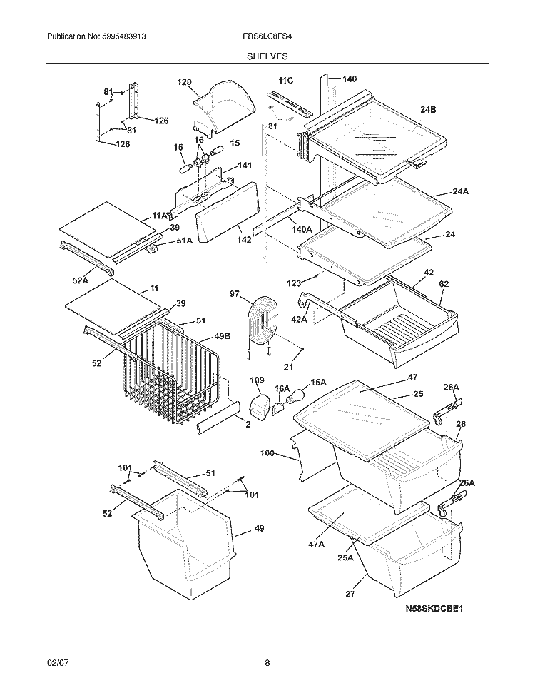 SHELVES Diagram and Parts List for FRS6LC8FS4  Frigidaire Refrigerator