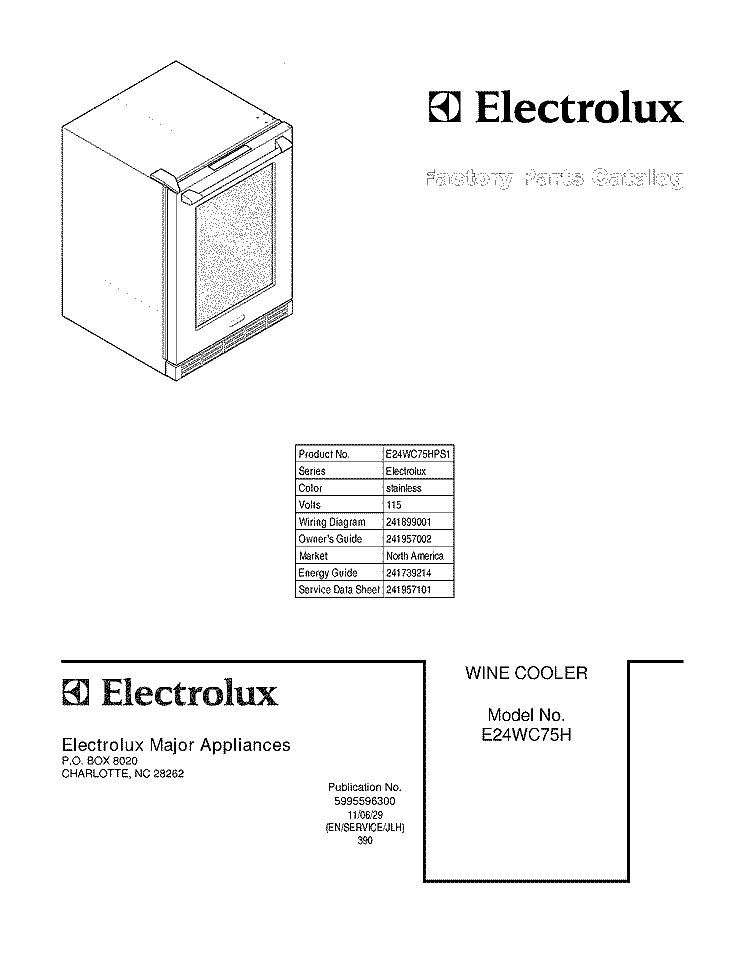 COVER Diagram and Parts List for E24WC75HPS1  Electrolux Wine and Beverage Cooler