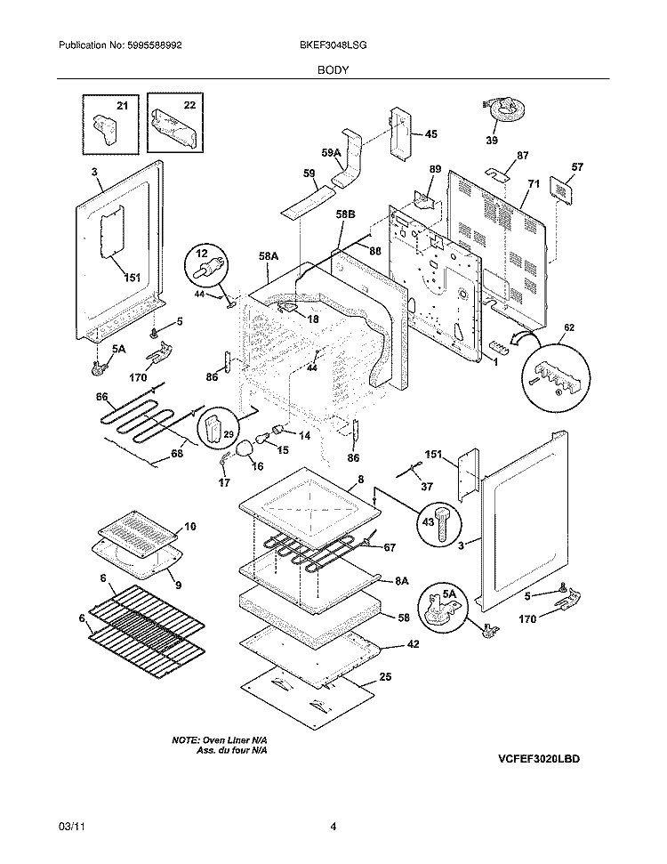 BODY Diagram and Parts List for BKEF3048LSG  Frigidaire Range