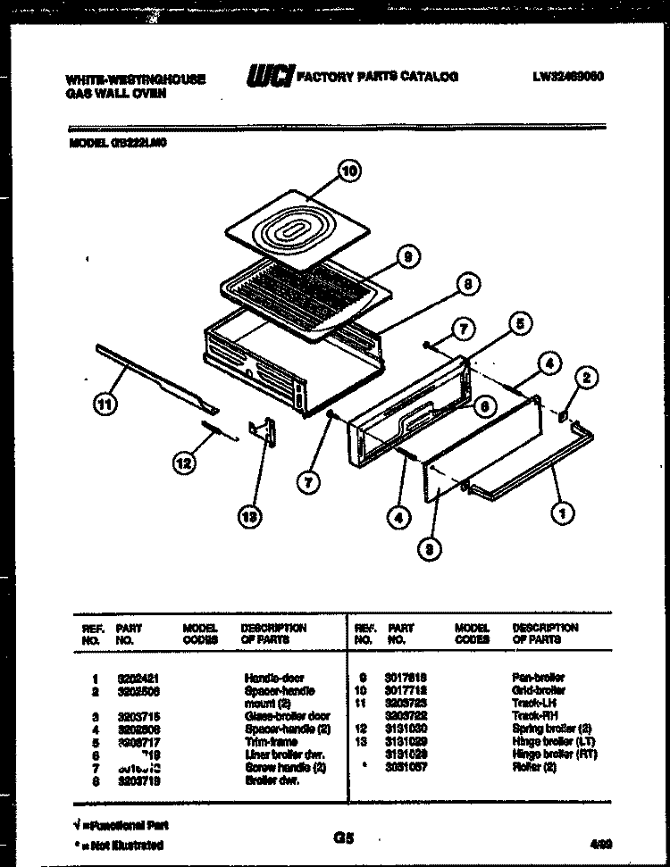 BROILER DRAWER PARTS Diagram and Parts List for GB222LM0  Frigidaire Wall Oven