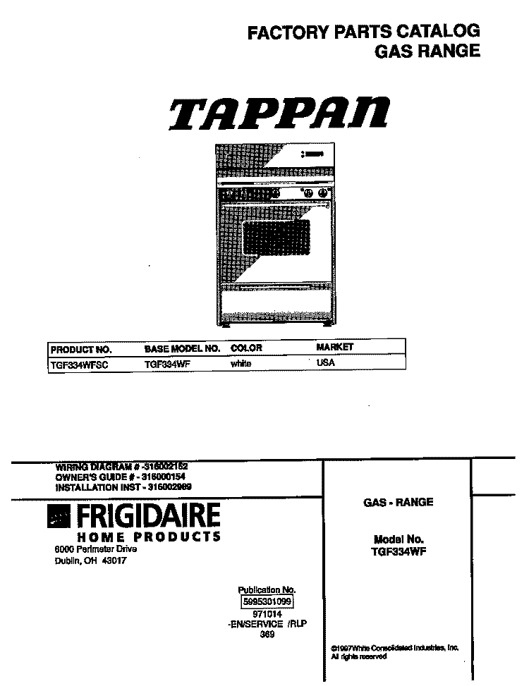 COVER Diagram and Parts List for TGF334WFSC  Tappan Range