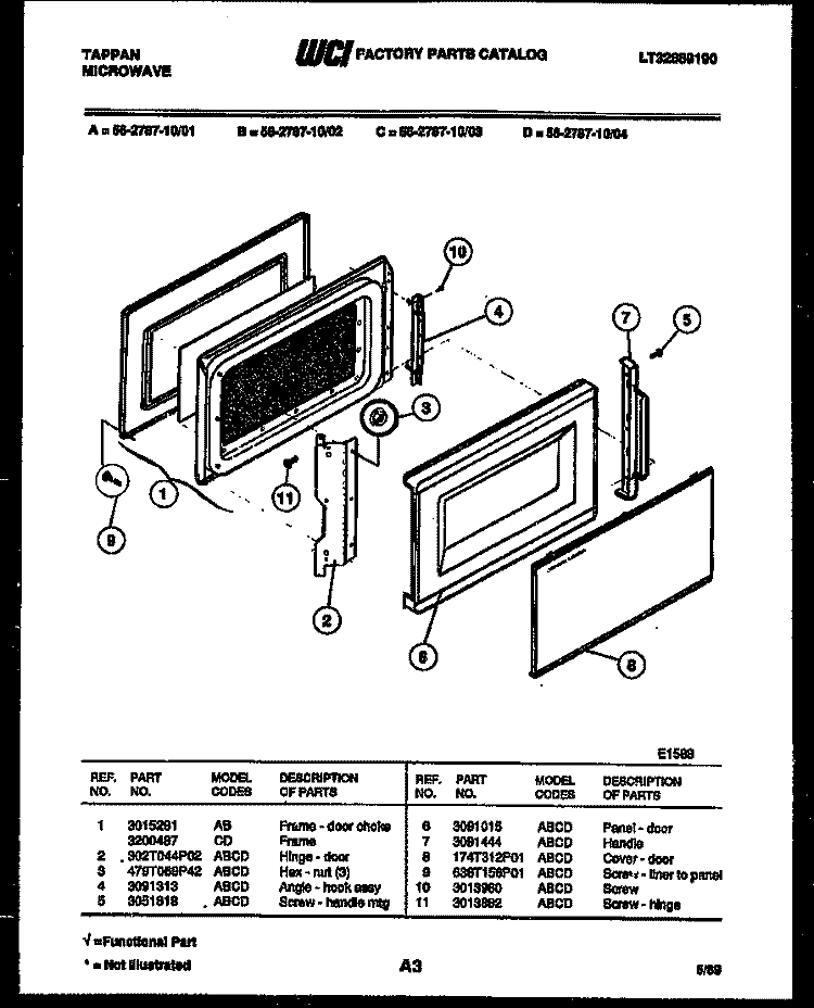 DOOR PARTS Diagram and Parts List for 56-2787-00-03  Tappan Microwave