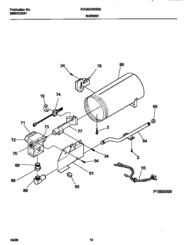 P16B0009 BURNER, VALVE Diagram and Parts List for FDGB23RGS0  Frigidaire Dryer