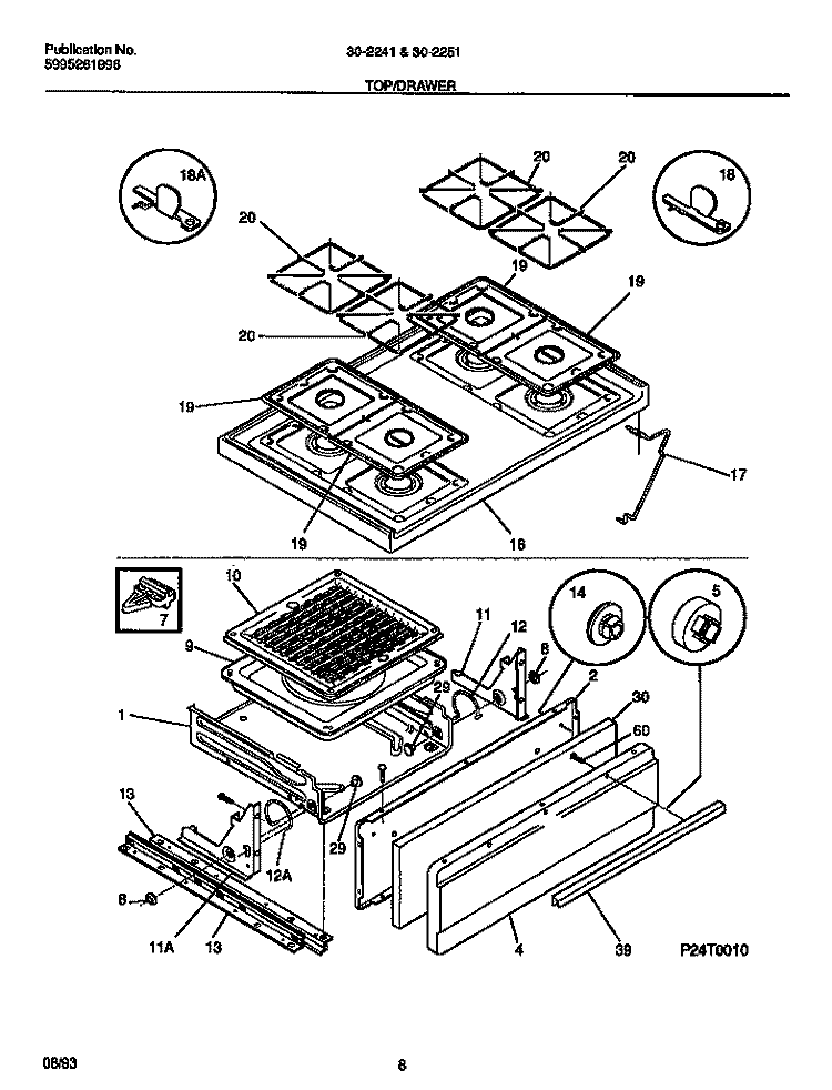 TOP / DRAWER Diagram and Parts List for 30-2241-00-08  Tappan Range