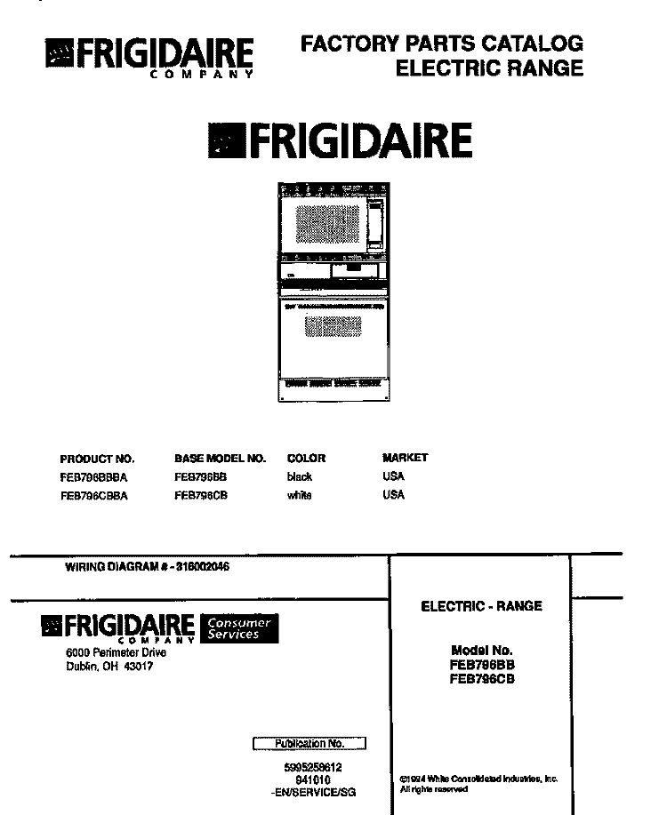 RANGE, ELECTRIC Diagram and Parts List for FEB796CBBA  Frigidaire Microwave Oven Combo