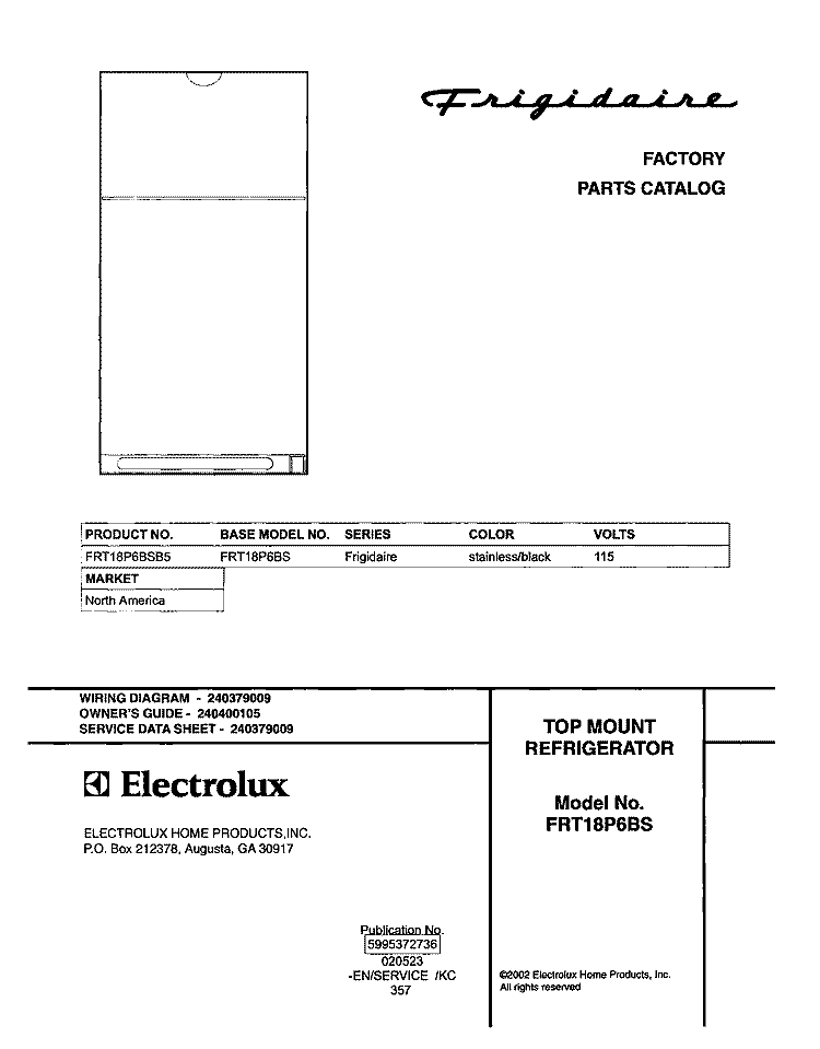 COVER Diagram and Parts List for FRT18P6BSB5  Frigidaire Refrigerator
