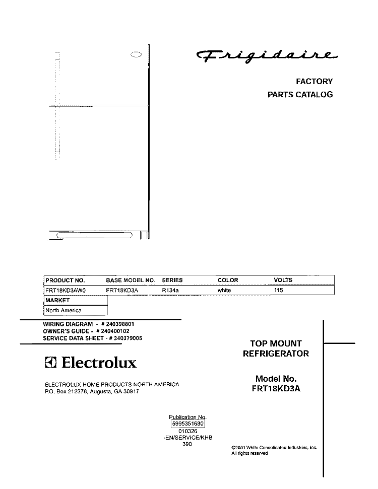 COVER Diagram and Parts List for FRT18KD3AW0  Frigidaire Refrigerator