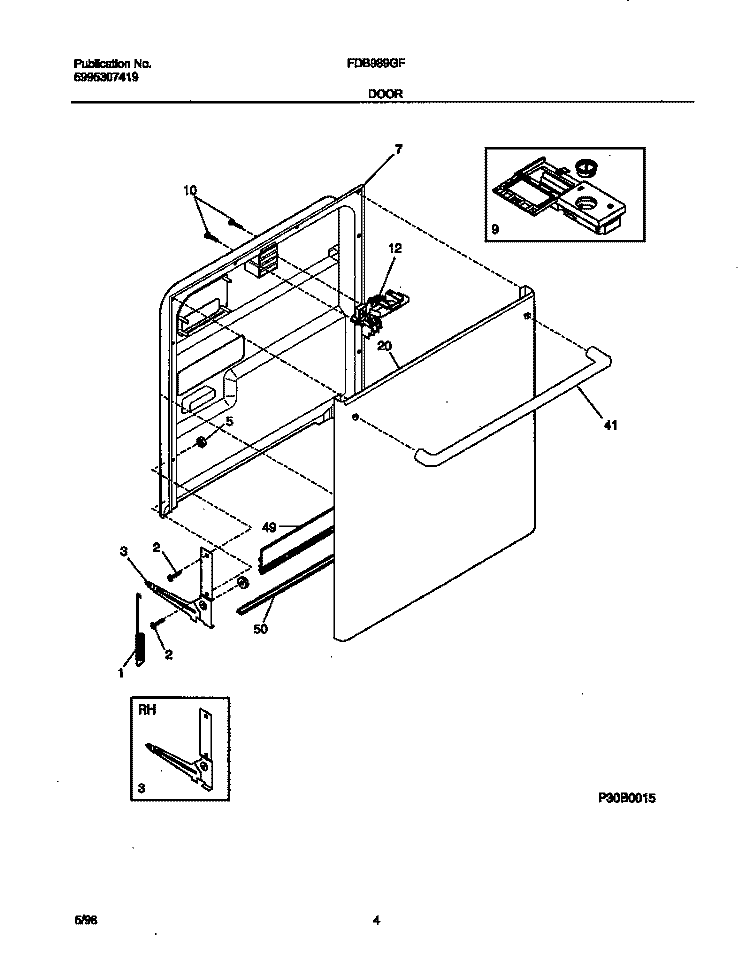 DOOR Diagram and Parts List for FDB989GFW2  Frigidaire Dishwasher