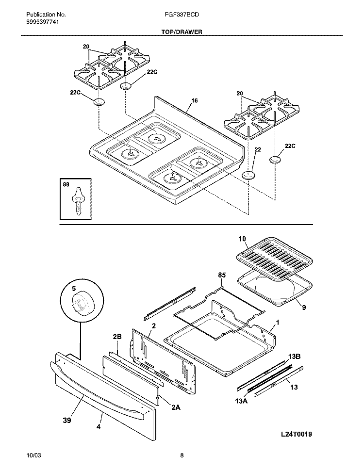 TOP / DRAWER Diagram and Parts List for FGF337BCD  Frigidaire Range