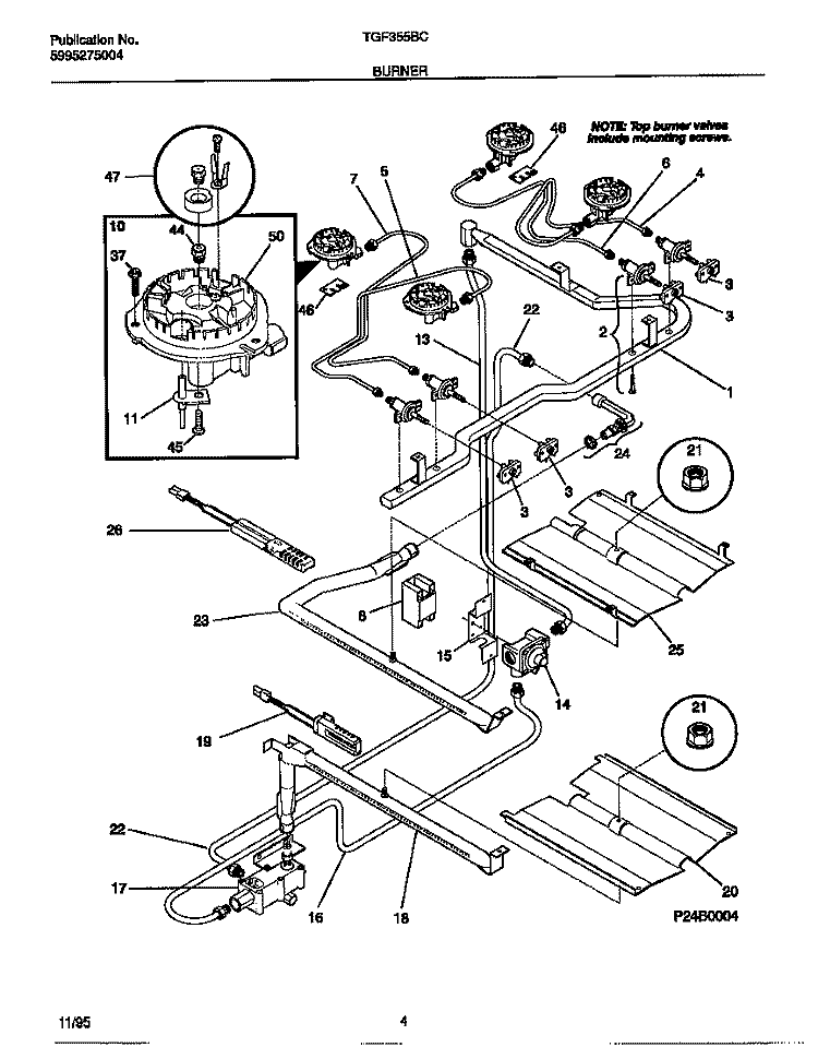 BURNER Diagram and Parts List for TGF355BCWB  Tappan Range