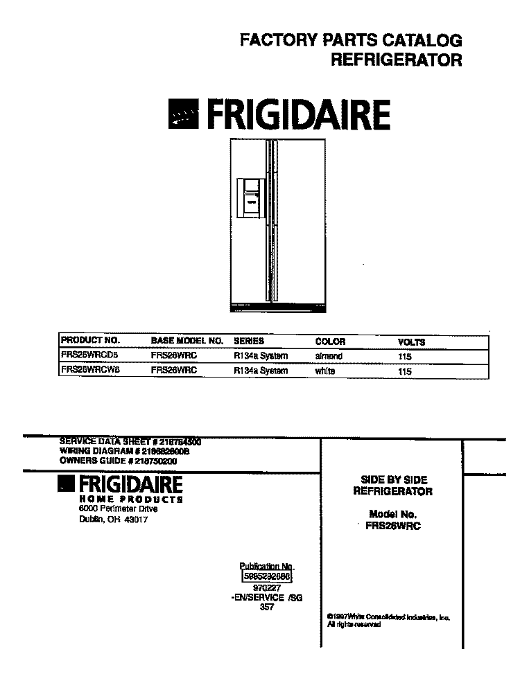 COVER Diagram and Parts List for FRS26WRCD6  Frigidaire Refrigerator