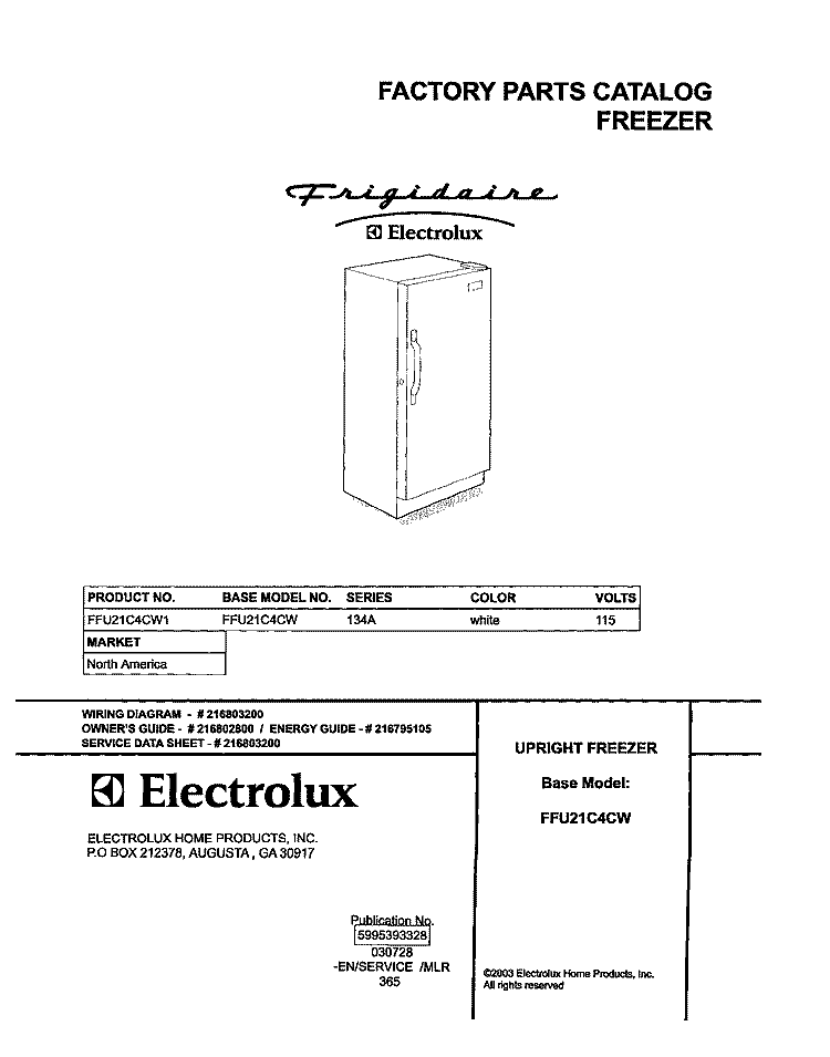 COVER Diagram and Parts List for FFU21C4CW1  Frigidaire Freezer