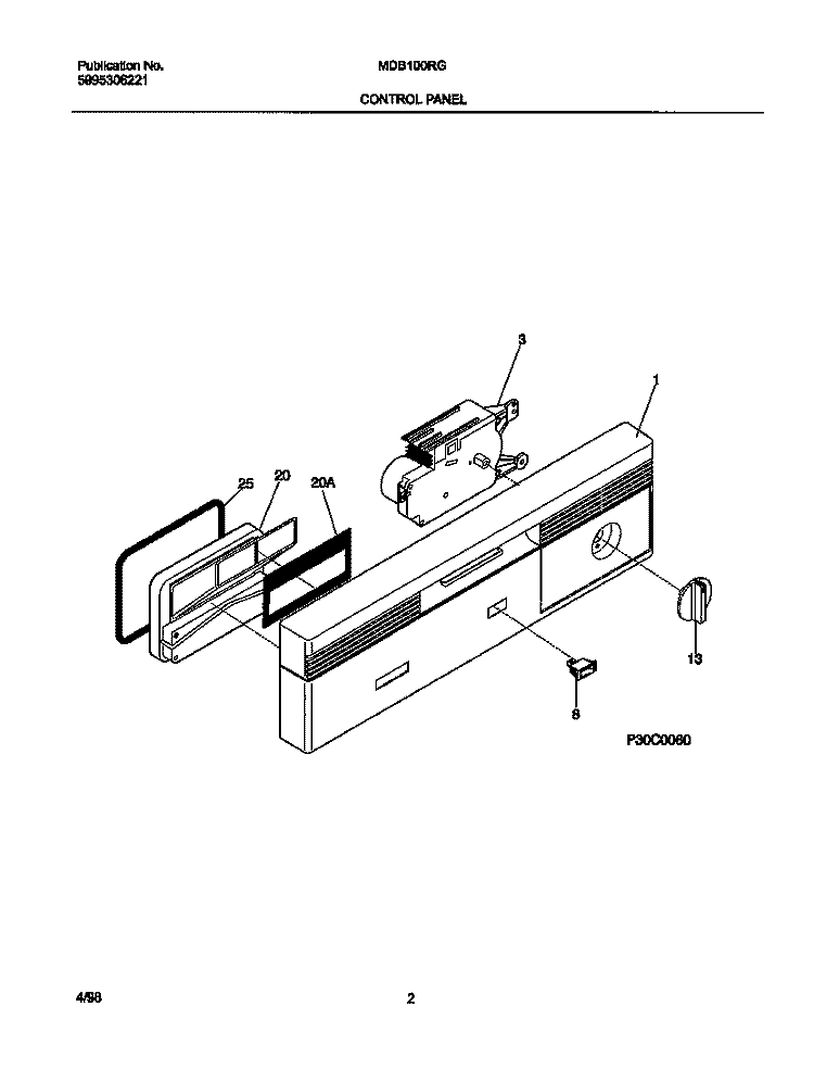CONTROL PANEL Diagram and Parts List for MDB100RGW0  Frigidaire Dishwasher
