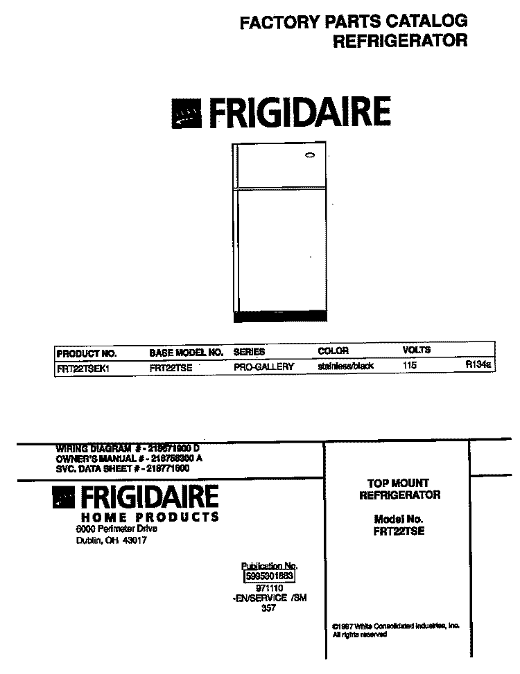 COVER Diagram and Parts List for FRT22TSEK1  Frigidaire Refrigerator