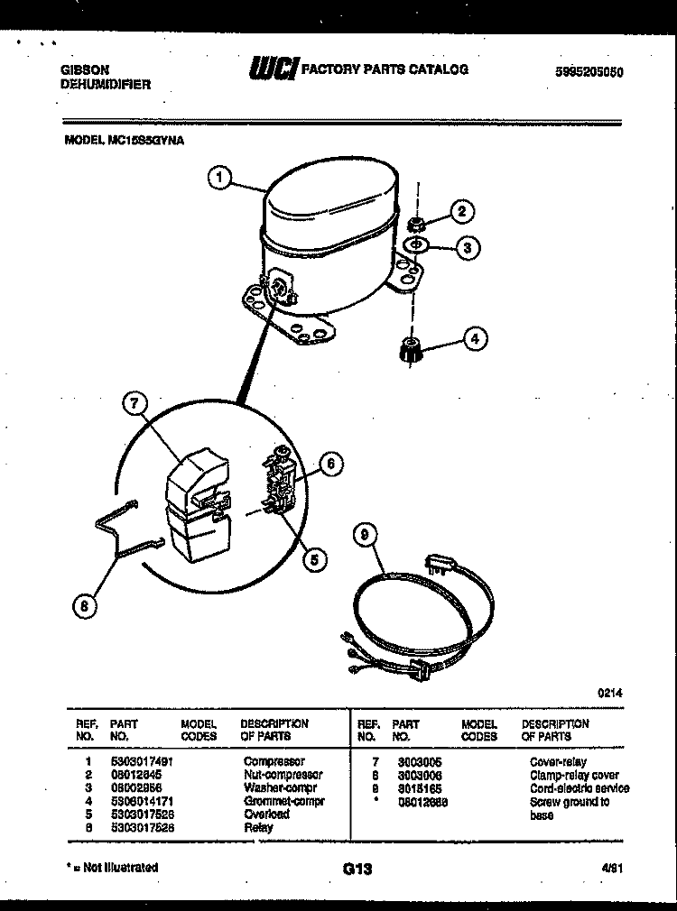COMPRESSOR PARTS Diagram and Parts List for MC15S5GYNA  Gibson Dehumidifier