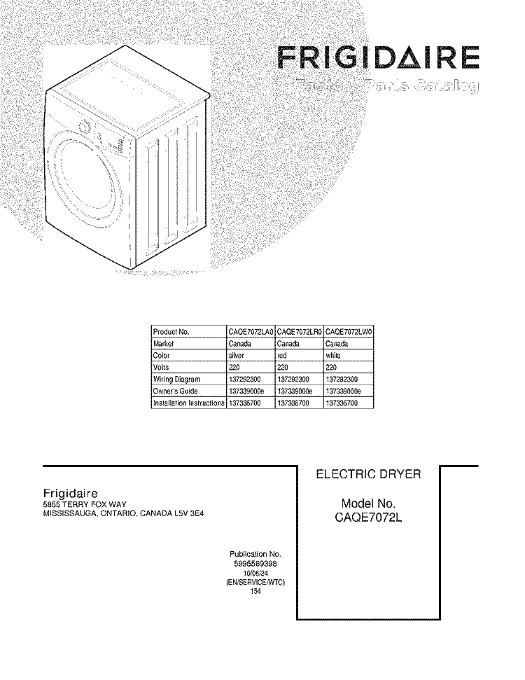 COVER Diagram and Parts List for CAQE7072LA0  Frigidaire Dryer