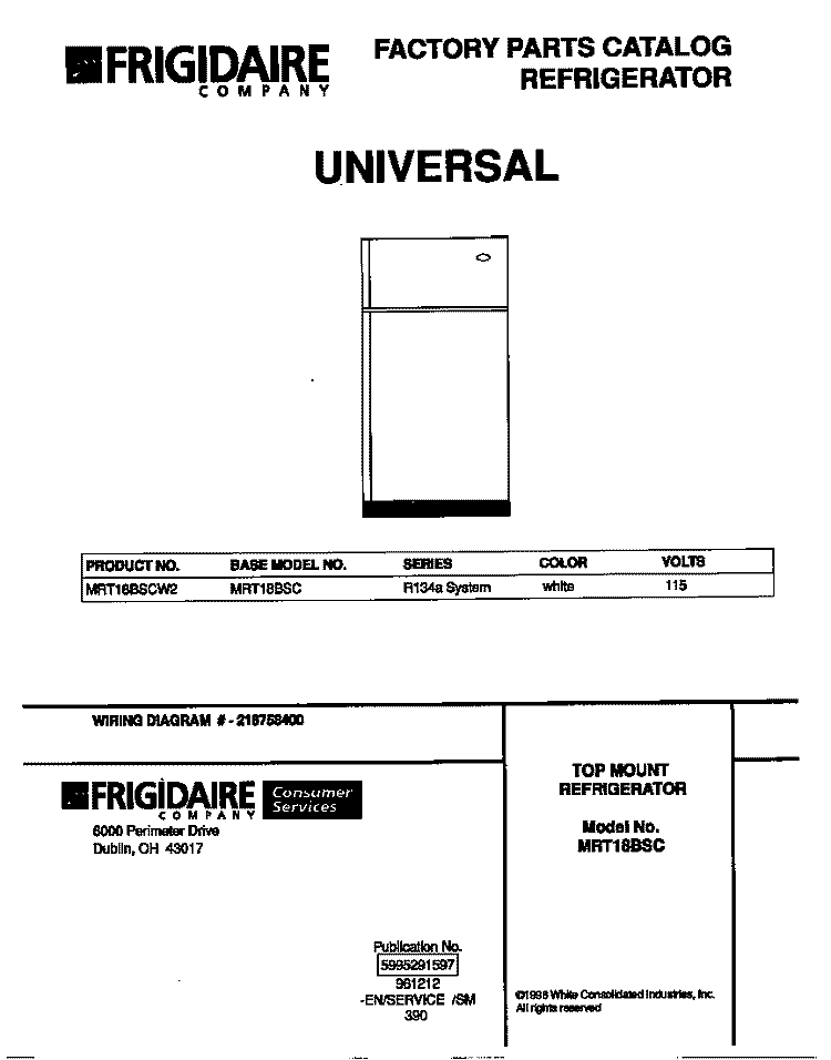 COVER Diagram and Parts List for MRT18BSCW2  Frigidaire Refrigerator