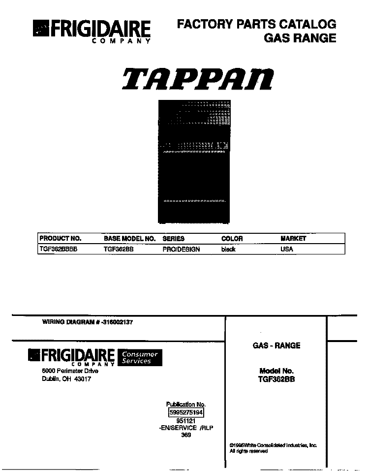 COVER Diagram and Parts List for TGF362BBBB  Tappan Range