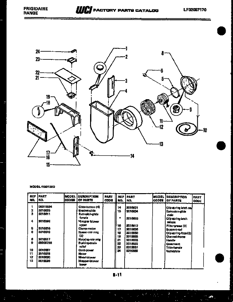 WHEEL AND WRAPPER BLOWER PARTS Diagram and Parts List for RBD139D0  Frigidaire Cooktop