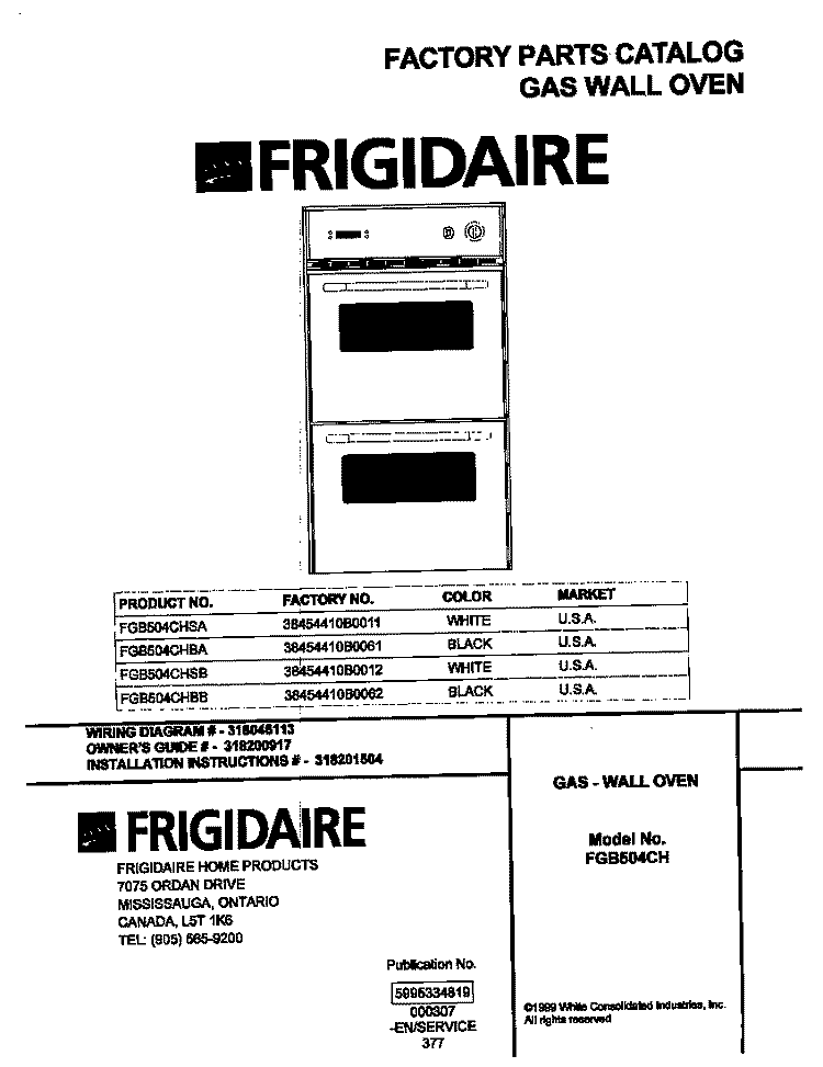 COVER Diagram and Parts List for FGB504CHBB  Frigidaire Wall Oven