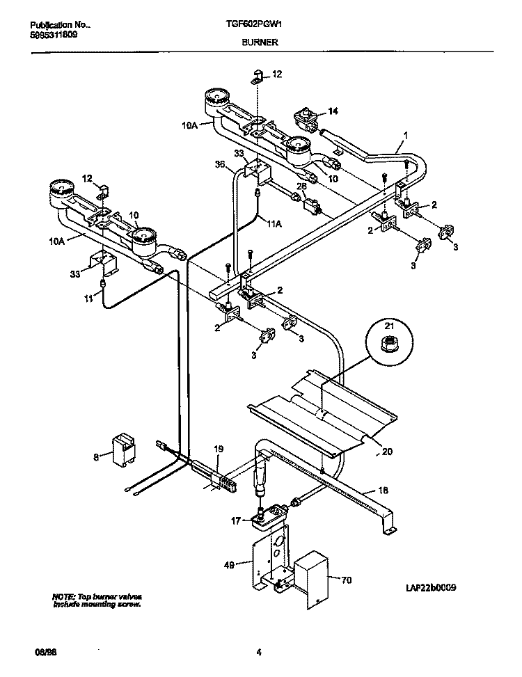 BURNER Diagram and Parts List for TGF602PGW1  Tappan Range