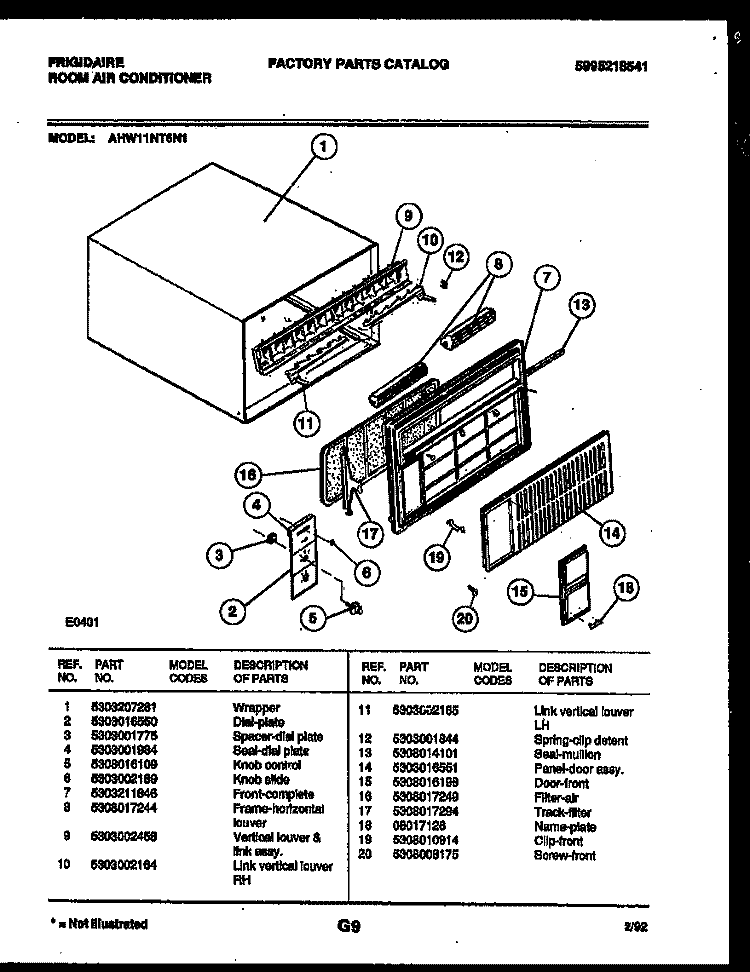 CABINET PARTS Diagram and Parts List for AHW11NT6N1  Frigidaire Air Conditioner