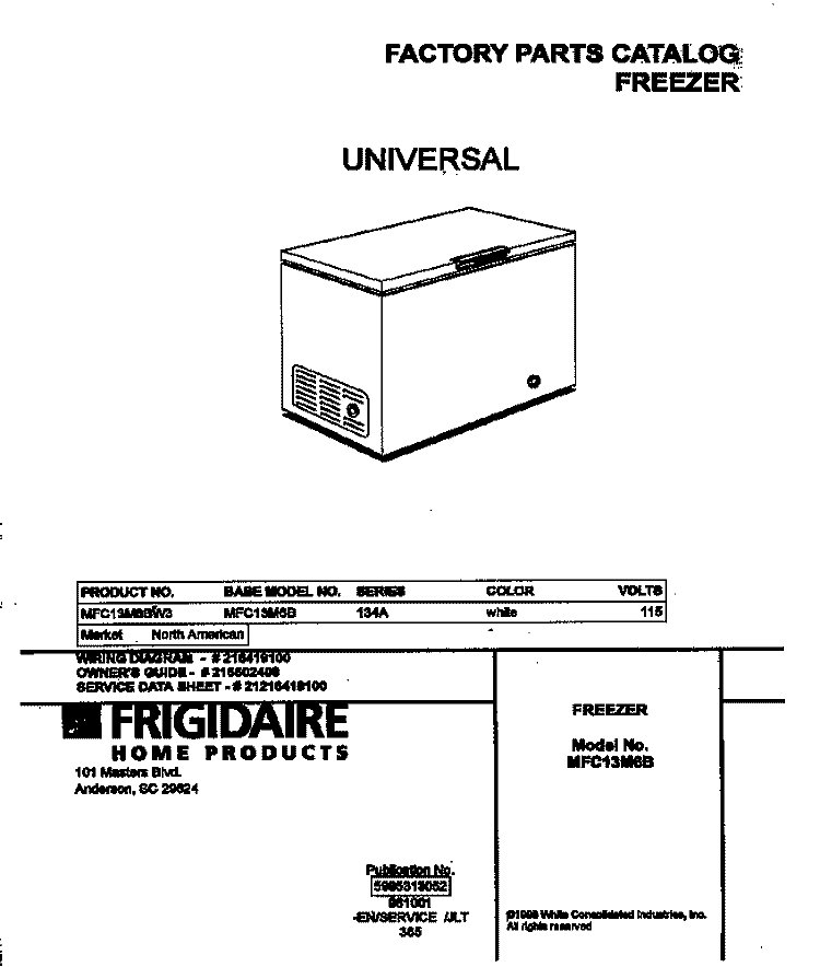 COVER Diagram and Parts List for MFC13M6BW3  Frigidaire Freezer