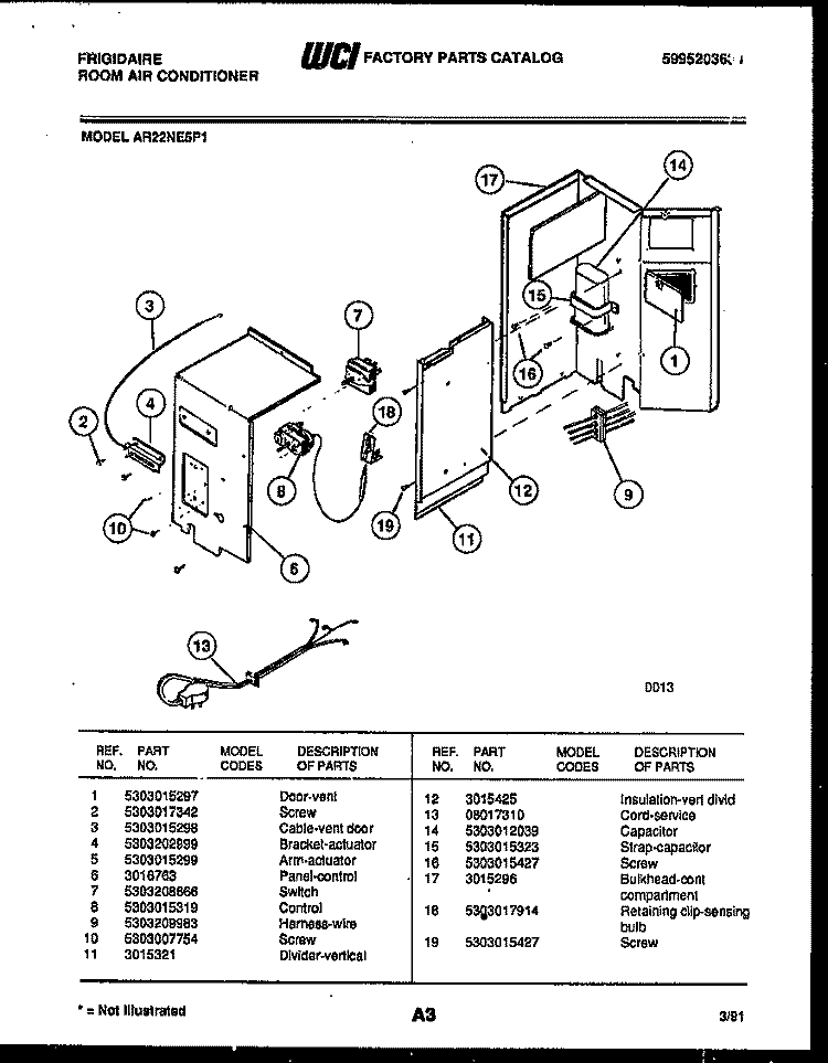 ELECTRICAL PARTS Diagram and Parts List for AR22NE5P1  Frigidaire Air Conditioner