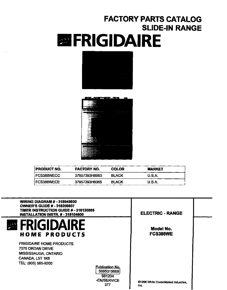 COVER Diagram and Parts List for FCS388WECC  Frigidaire Range