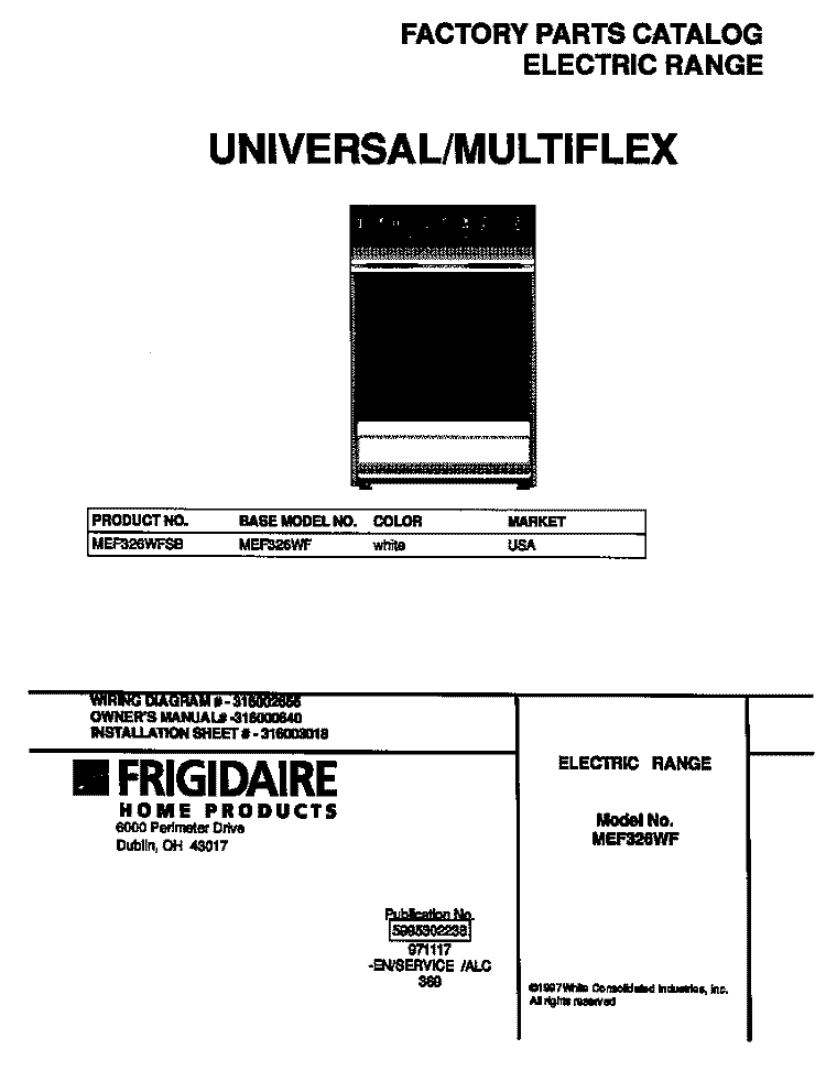 COVER Diagram and Parts List for MEF326WFSB  Frigidaire Range