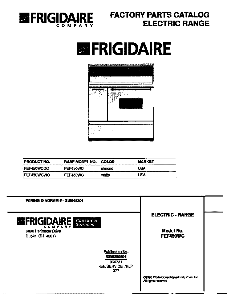 COVER Diagram and Parts List for FEF450WCDC  Frigidaire Range