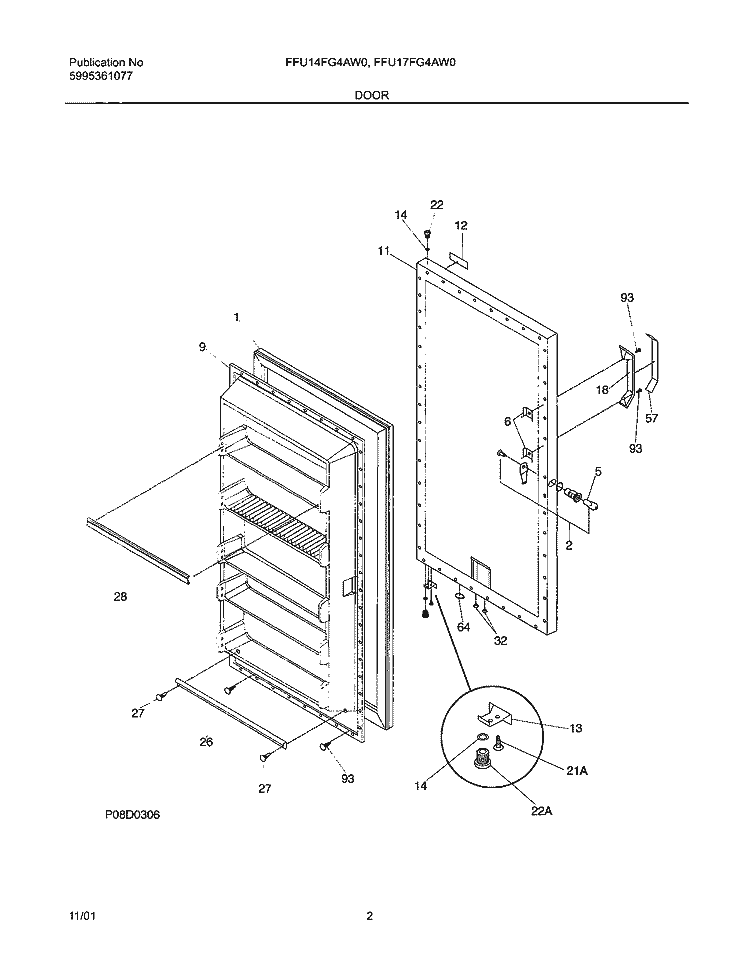 DOOR Diagram and Parts List for FFU14FG4AW0  Frigidaire Freezer