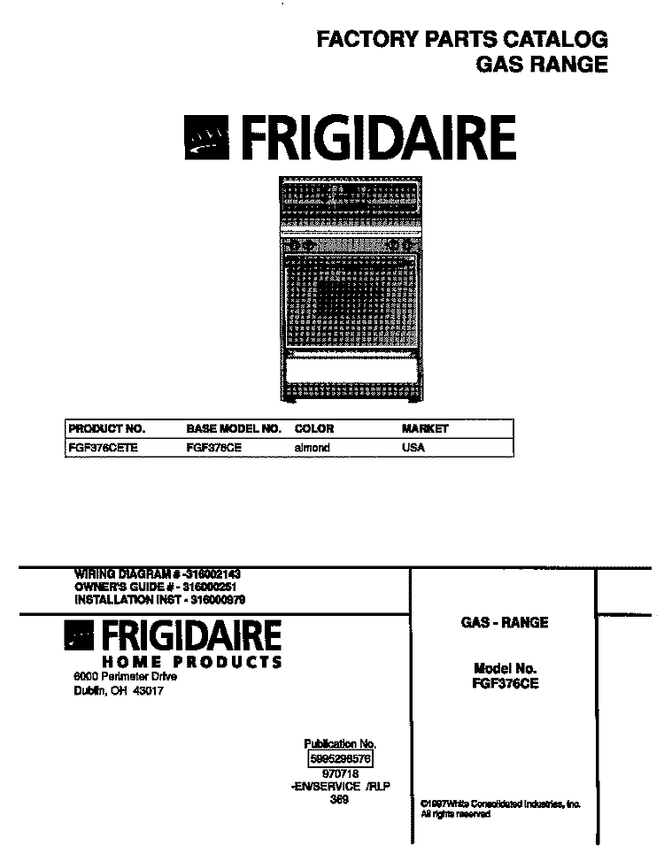 COVER Diagram and Parts List for FGF376CETE  Frigidaire Range