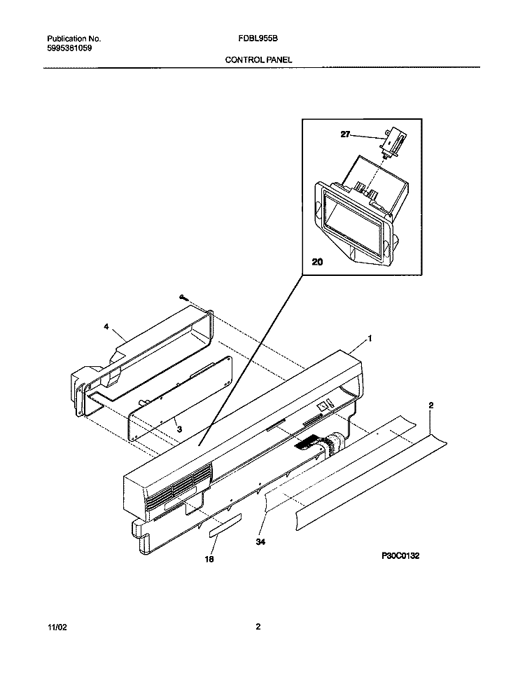 CONTROL PANEL Diagram and Parts List for FDBL955BS1  Frigidaire Dishwasher