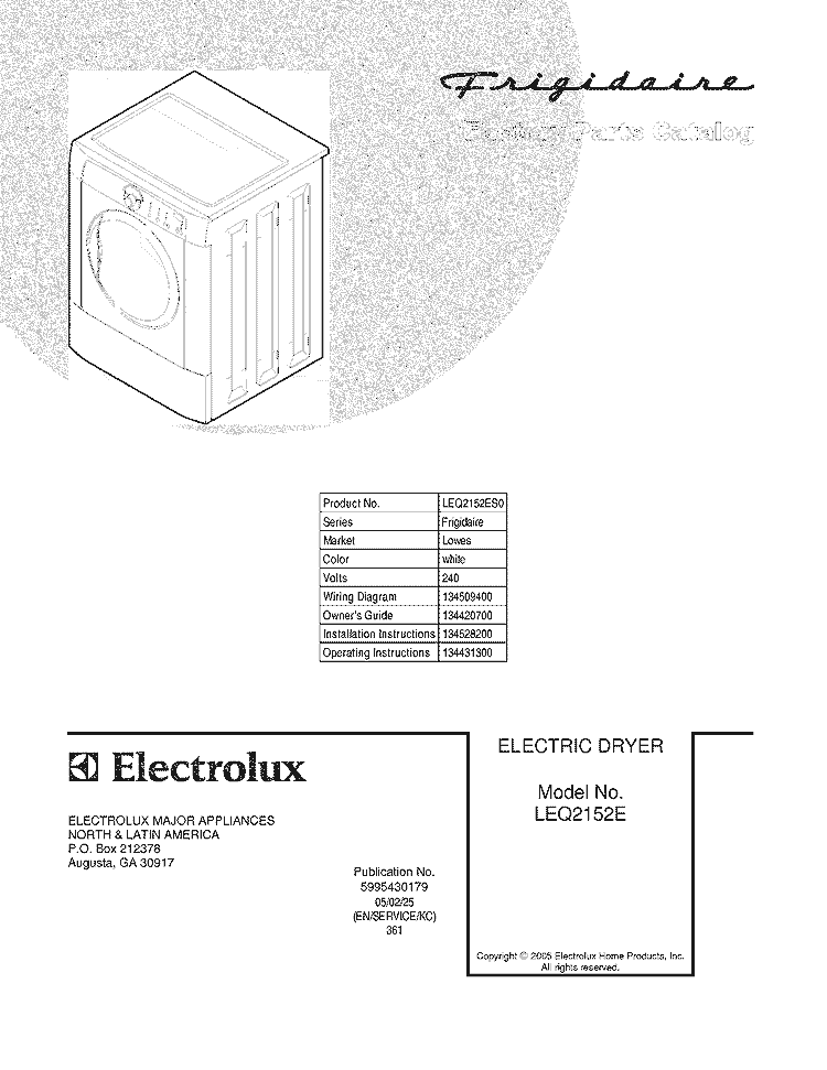 COVER Diagram and Parts List for LEQ2152ES0  Frigidaire Dryer