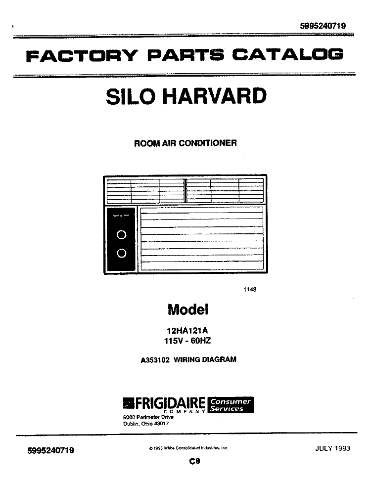 COVER Diagram and Parts List for 12HA121A  Frigidaire Air Conditioner