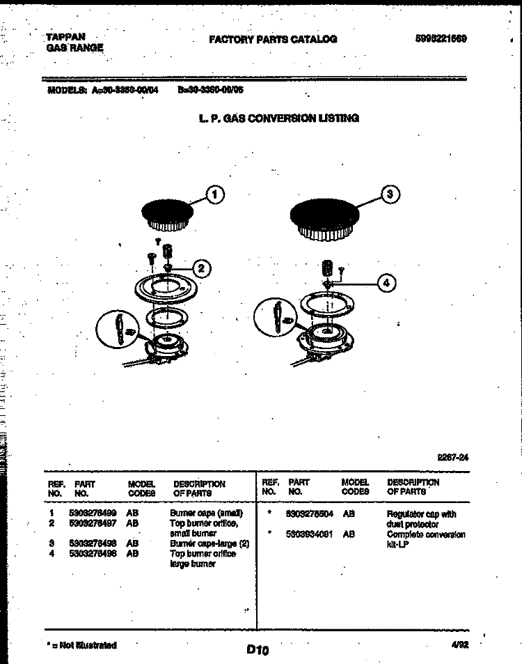 BURNER PARTS Diagram and Parts List for 30-3350-23-05  Tappan Range