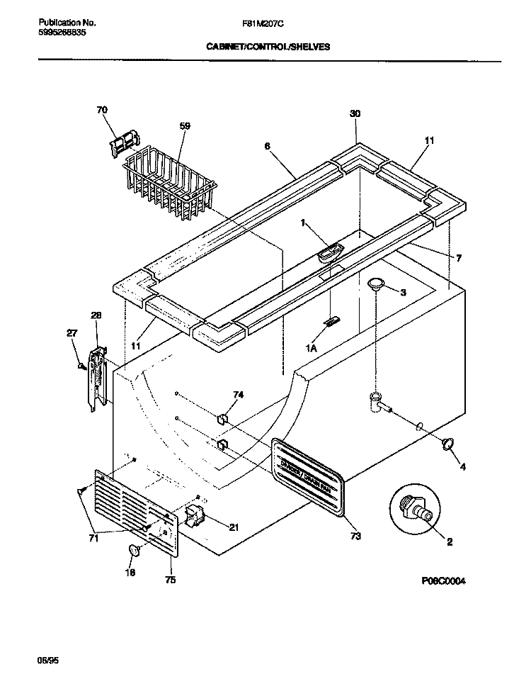 CABINET / CONTROL / SHELVES Diagram and Parts List for F81M207CW0  Frigidaire Freezer
