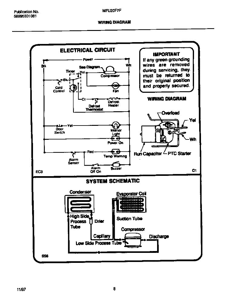 WIRING DIAGRAM Diagram and Parts List for MFU20F7FW1  Frigidaire Freezer