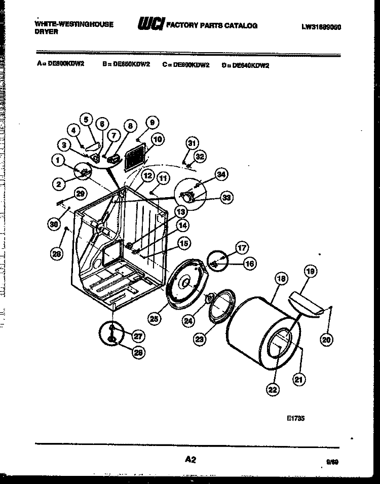 CABINET AND COMPONENT PARTS Diagram and Parts List for DE650KDH2  Frigidaire Dryer
