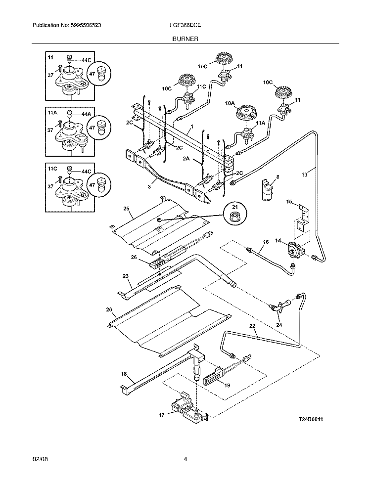 BURNER Diagram and Parts List for FGF366ECE  Frigidaire Range
