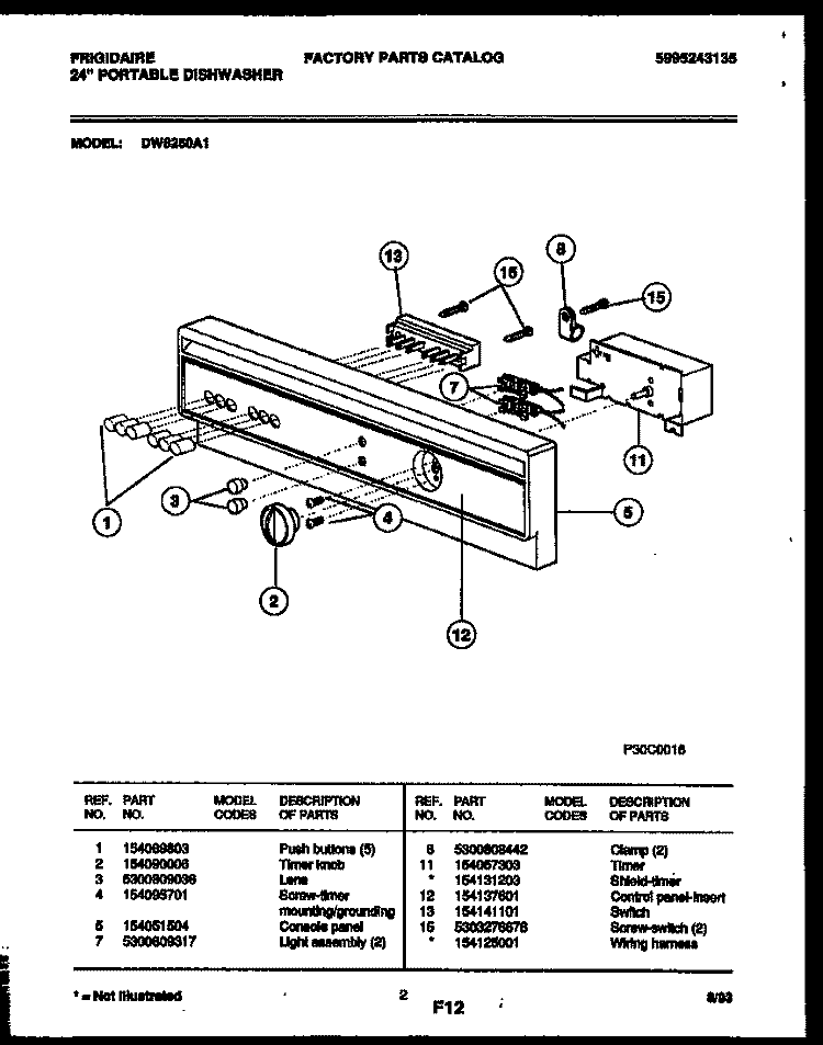 CONSOLE AND CONTROL PARTS Diagram and Parts List for DW6250A1  Frigidaire Dishwasher