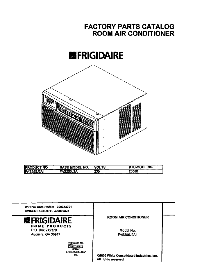 COVER Diagram and Parts List for FAS255J2A1  Frigidaire Air Conditioner