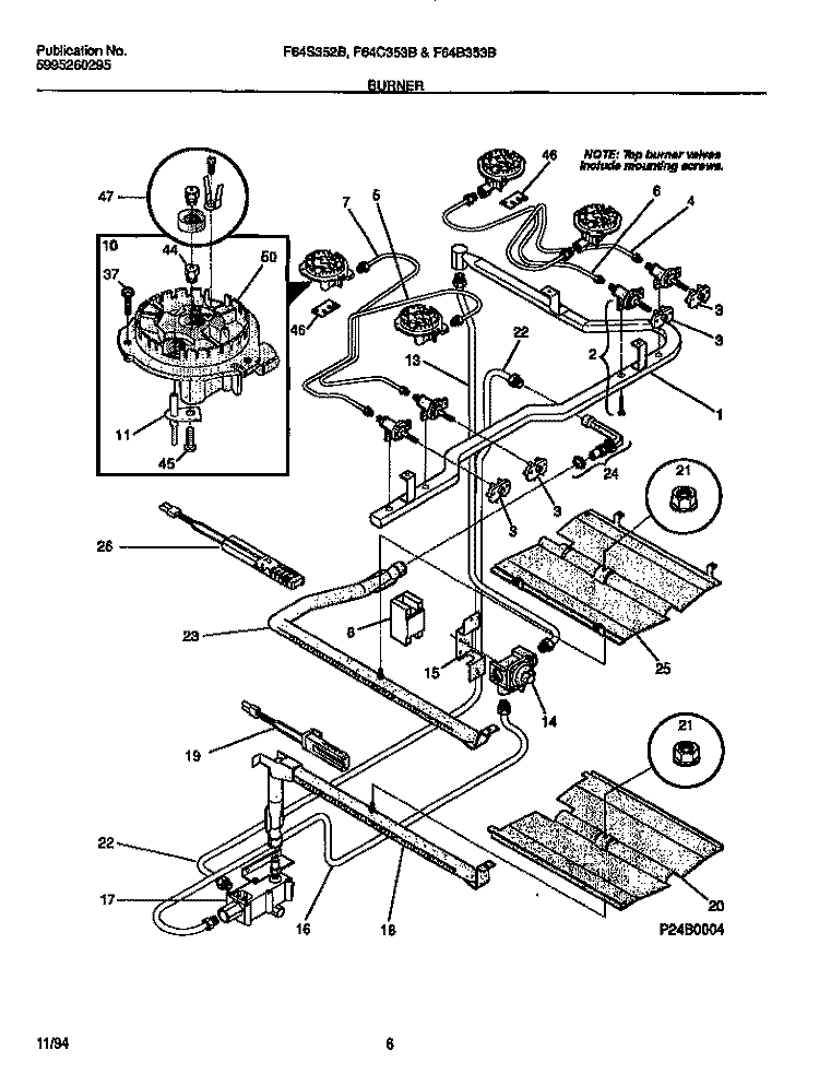BURNER Diagram and Parts List for F64S352BDA  Frigidaire Range