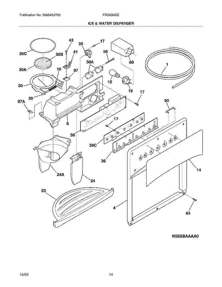 ICE & WATER DISPENSER Diagram and Parts List for FRS6B5EEW2  Frigidaire Refrigerator