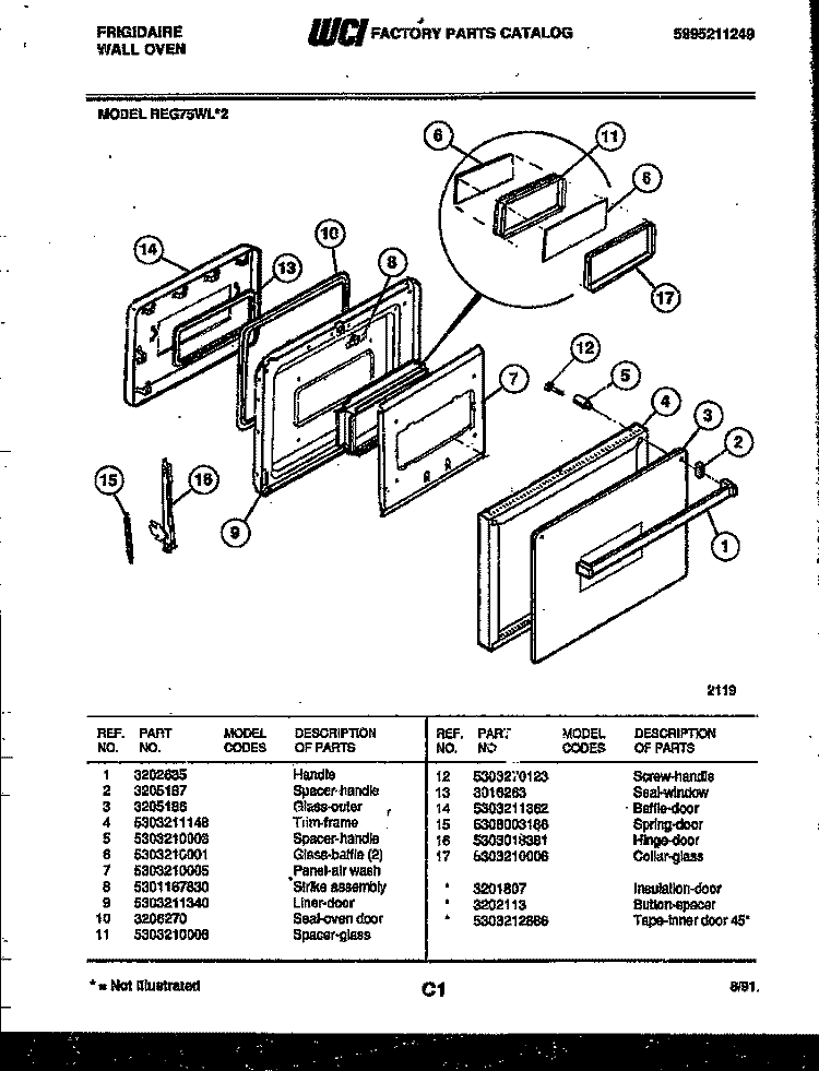 DOOR PARTS Diagram and Parts List for REG75WL2  Frigidaire Wall Oven