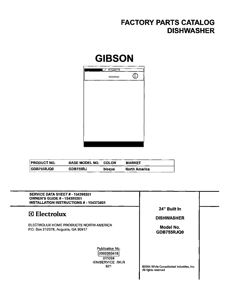 COVER Diagram and Parts List for GDB755RJQ0  Gibson Dishwasher