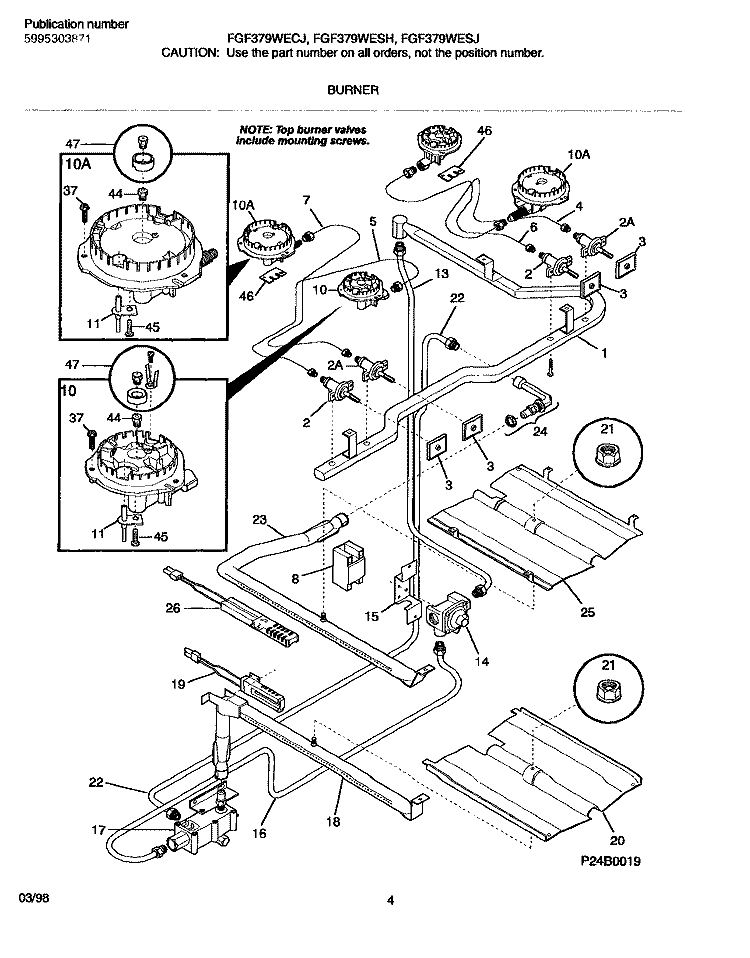 BURNER Diagram and Parts List for FGF376WESH  Frigidaire Range