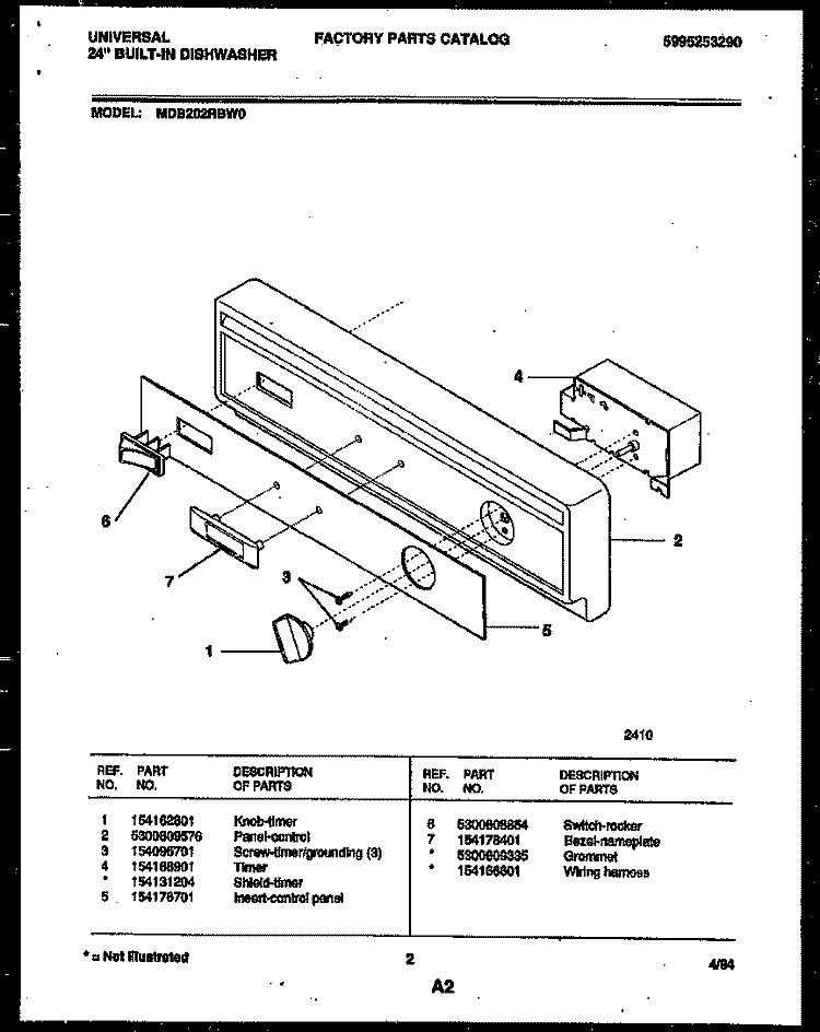 CONSOLE AND CONTROL PARTS Diagram and Parts List for MDB202RBW0  Frigidaire Dishwasher